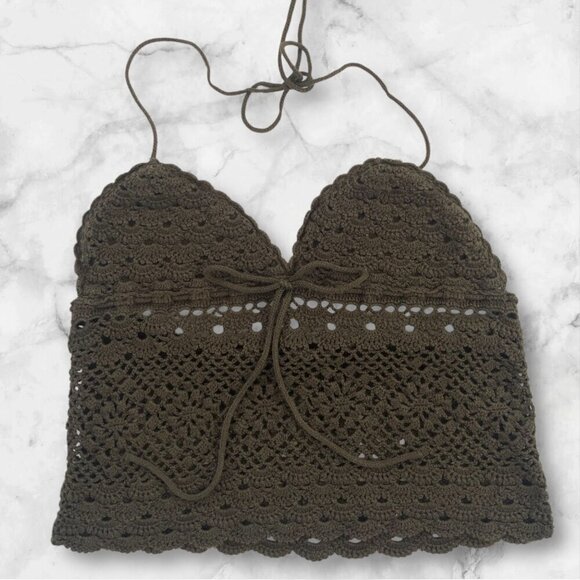 Homemade Tops - Homemade Crochet Y2K Green Halter Crop Top Small Sweetheart Festival Whimsigoth